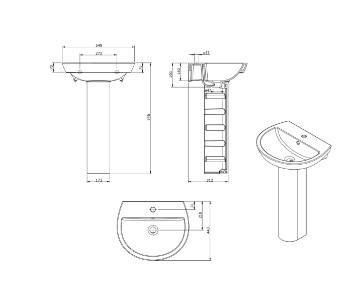 Lavabo pedestal Unisan Sanidusa Easy Croquis 2