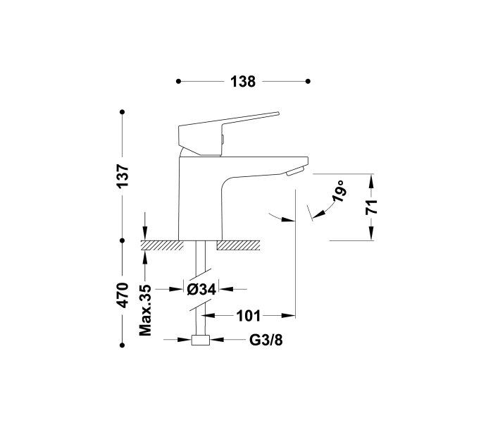 Grifo de lavabo Tres Base Croquis 1