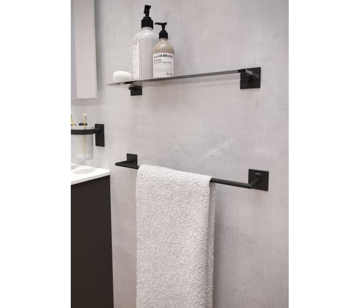 Toallero de baño negro mate con estante 35cm Cosmic