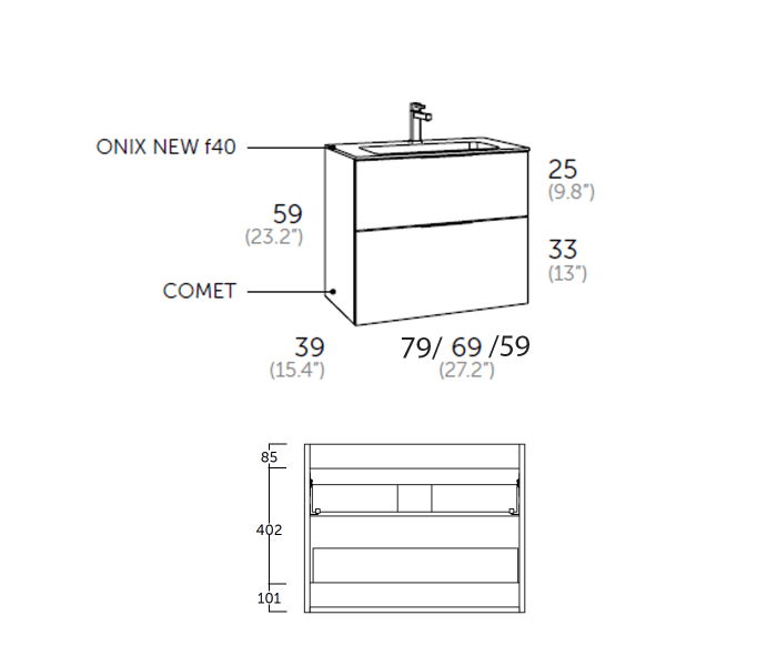 Conjunto mueble de baño fondo reducido 41cm Coycama Comet tirador cromo Croquis 4