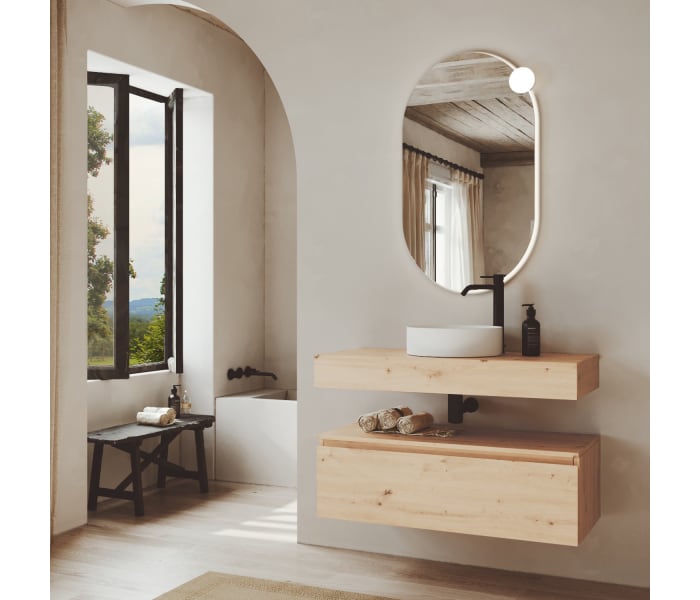 Conjunto mueble de baño color madera con encimera de madera Bruntec Vilma Principal 2