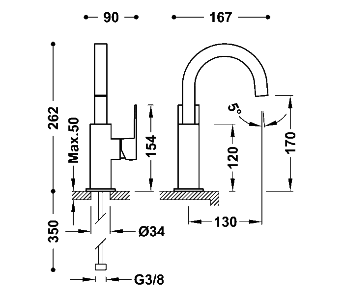 Grifo de lavabo Tres Cuadro Croquis 2