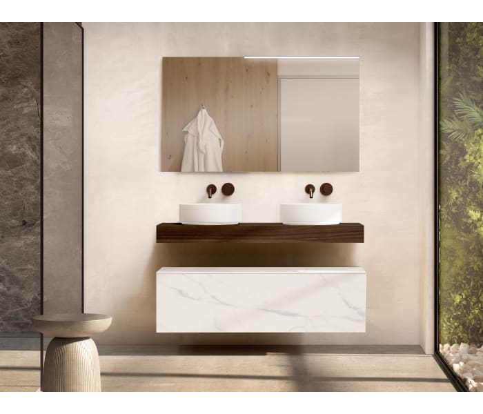 Mueble de baño con encimera de madera 10 cm de altura en color Valenti con cajonera Visobath Nomad Principal 1