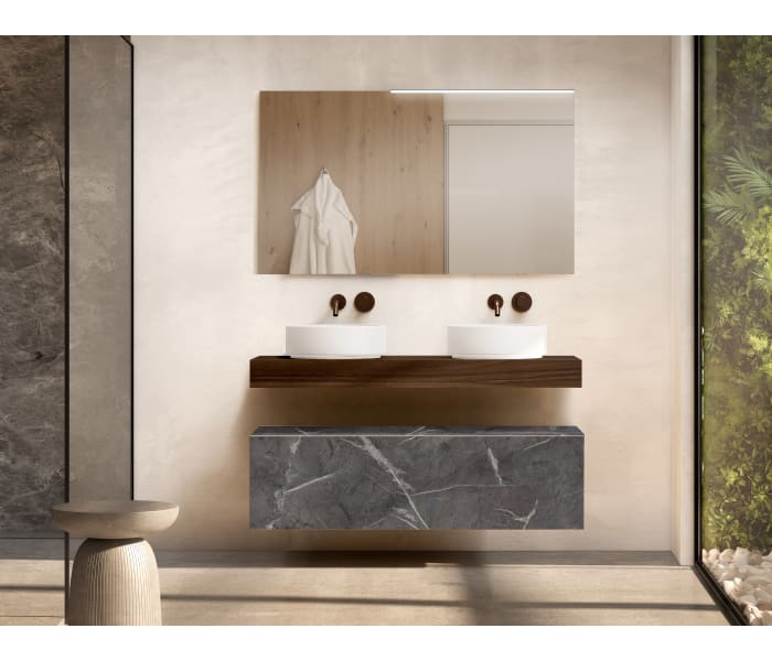 Mueble de baño con encimera de madera 10 cm de altura en color Valenti con cajonera Visobath Nomad Principal 2
