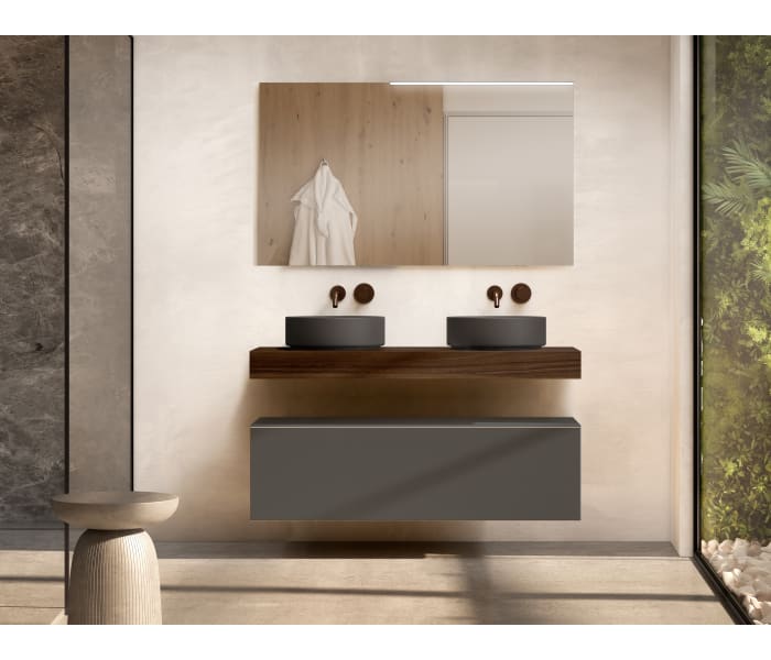 Mueble de baño con encimera de madera 10 cm de altura en color Valenti con cajonera Visobath Nomad Principal 3