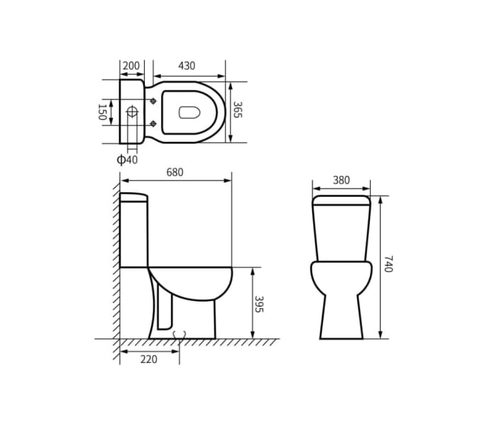 Pack inodoro a suelo + cisterna + bidé a suelo de Bruntec New Bolonia Croquis 2