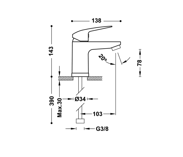 Grifo de lavabo Tres Base Plus Croquis 2