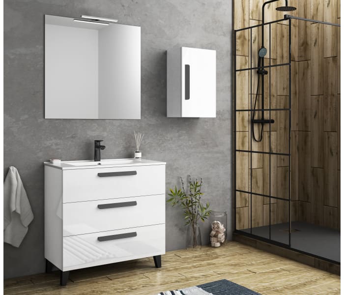 Mueble con patas de 3 cajones y lavabo Natalia blanco brillo Avila Dos