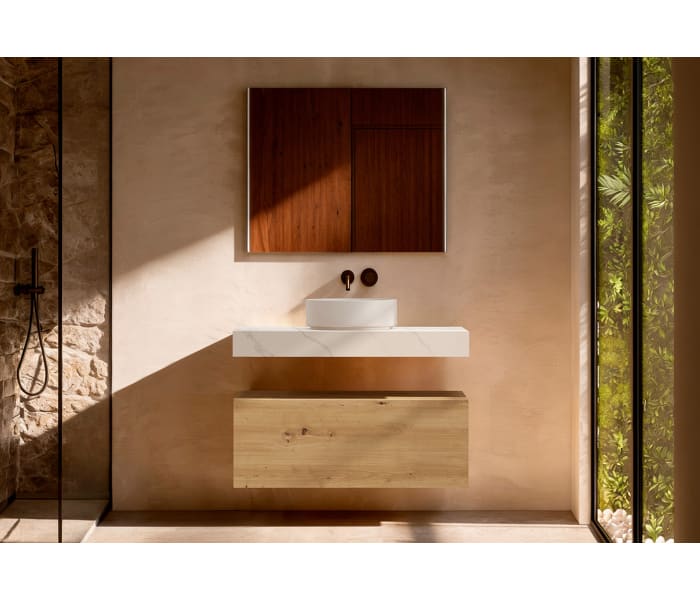 Mueble de baño con encimera HPL resina 10 cm acabado marmoleado Cala con cajonera Visobath Nomad Principal 1