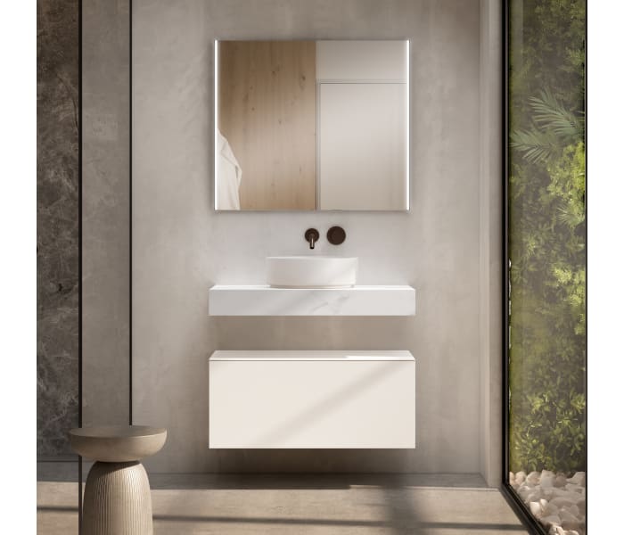 Conjunto mueble de baño con encimera de madera 10 cm de altura en color marmoleado Cala con cajonera Visobath Nomad Principal 3