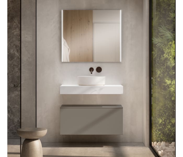 Conjunto mueble de baño con encimera de madera 10 cm de altura en color marmoleado Cala con cajonera Visobath Nomad Principal 4