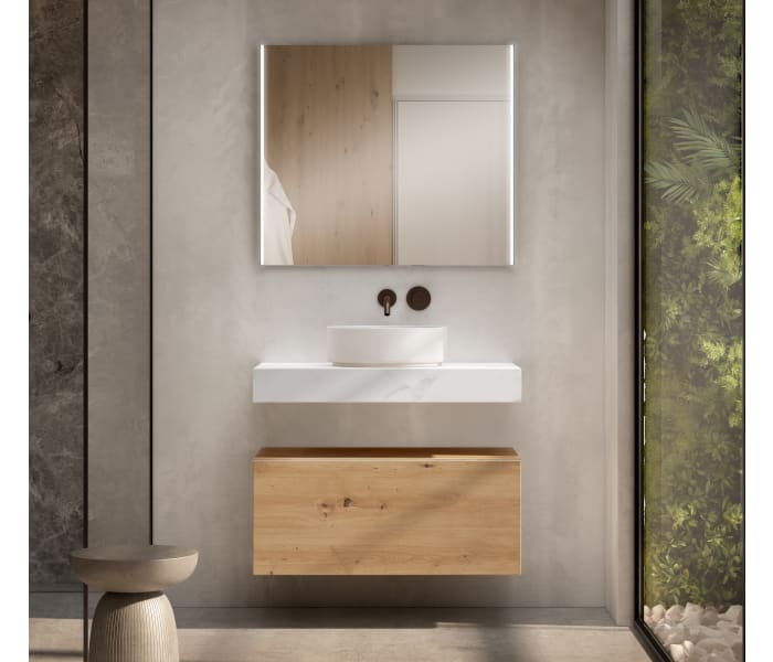 Conjunto mueble de baño con encimera de madera 10 cm de altura en color marmoleado Cala con cajonera Visobath Nomad Principal 0