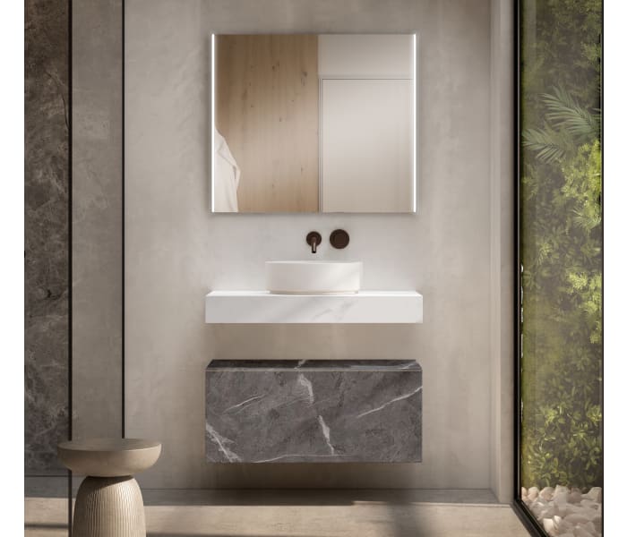 Conjunto mueble de baño con encimera de madera 10 cm de altura en color marmoleado Cala con cajonera Visobath Nomad Principal 2