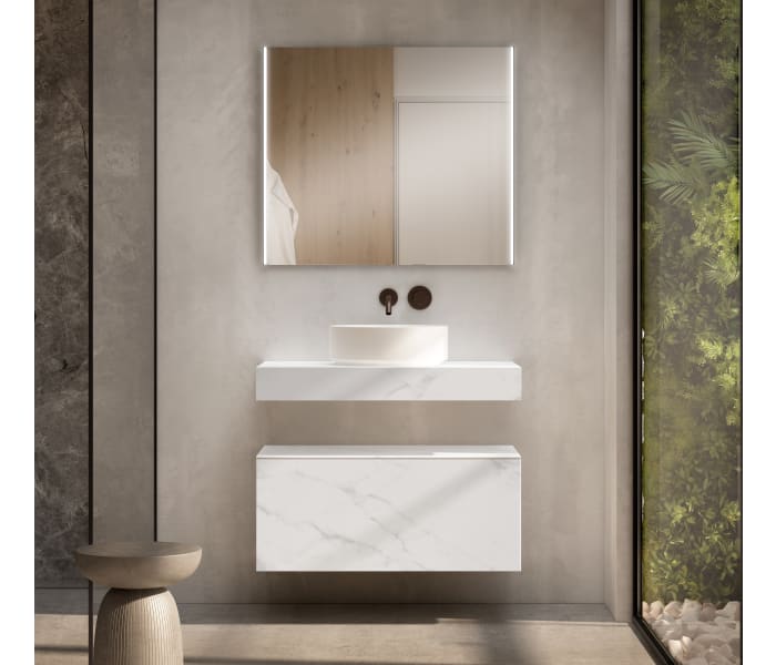 Conjunto mueble de baño con encimera de madera 10 cm de altura en color marmoleado Cala con cajonera Visobath Nomad Principal 1