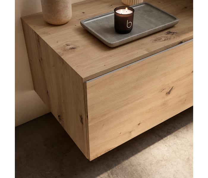 Conjunto mueble de baño con encimera de madera 10 cm de altura en color marmoleado Cala con cajonera Visobath Nomad Detalle 6