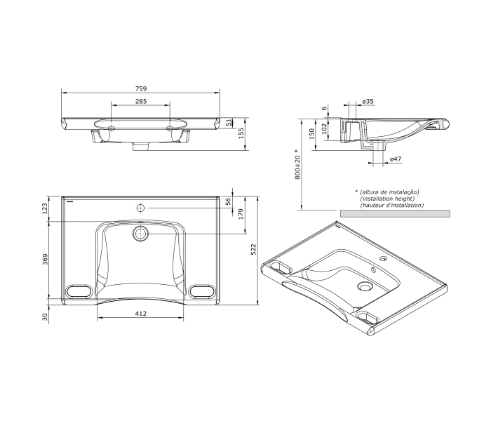Lavabo suspendido Unisan New Wccare PMR Croquis 4