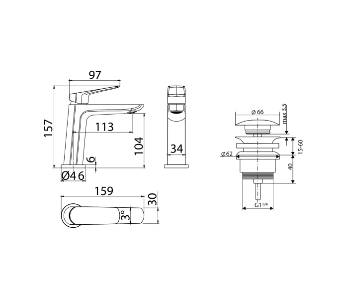 Pack Grifo de lavabo Imex Bélgica + Válvula click-clack Croquis 4