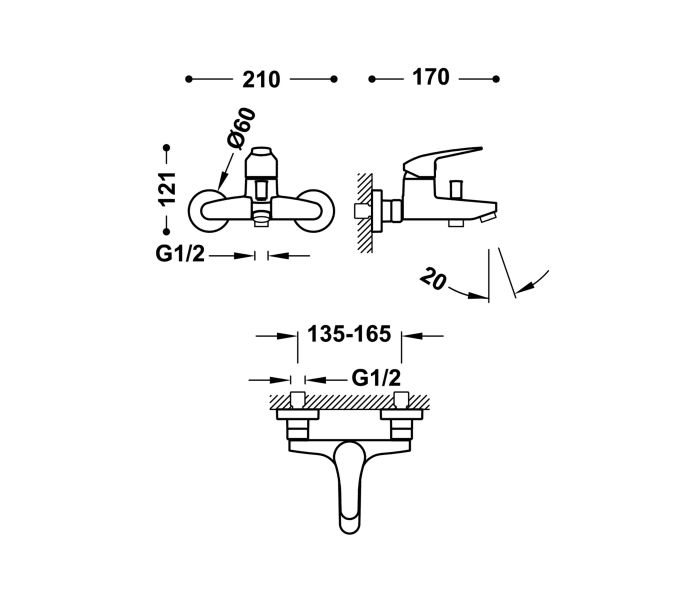 Grifo de ducha y bañera empotrado Tres Base Plus Croquis 2