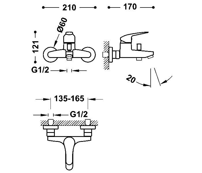 Grifo de ducha y bañera empotrado Tres Base Plus Croquis 1