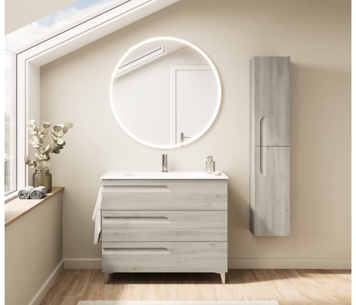 Mueble Baño al Suelo con Lavabo Cerámico y Patas, 70cm, 3 cajones 1  Puerta con Cierre Amortiguado y Organizador, Blanco Brillo