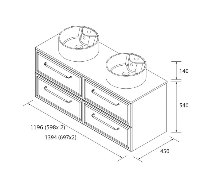 Conjunto mueble de baño Salgar Runa con lavabo sobre encimera Croquis 16