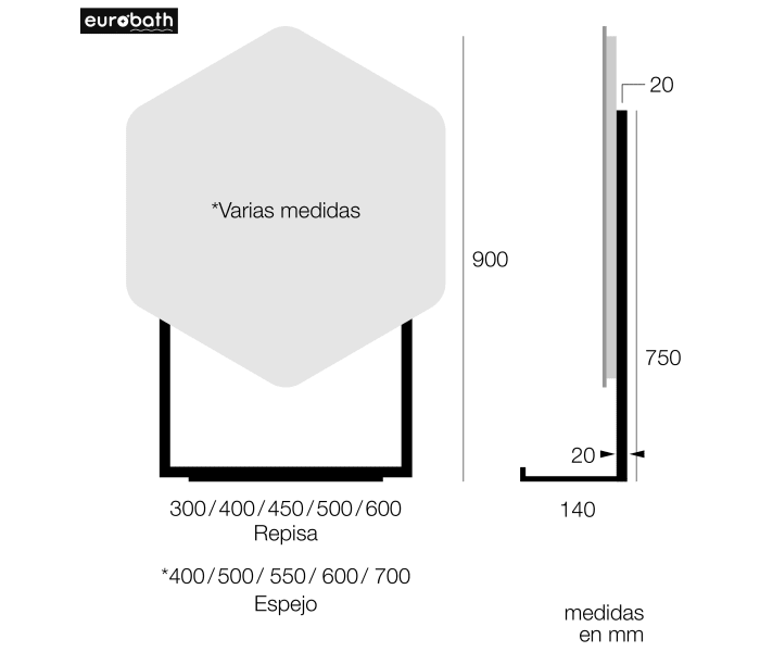 Espejo de baño con luz LED de Eurobath, Azores Croquis 5