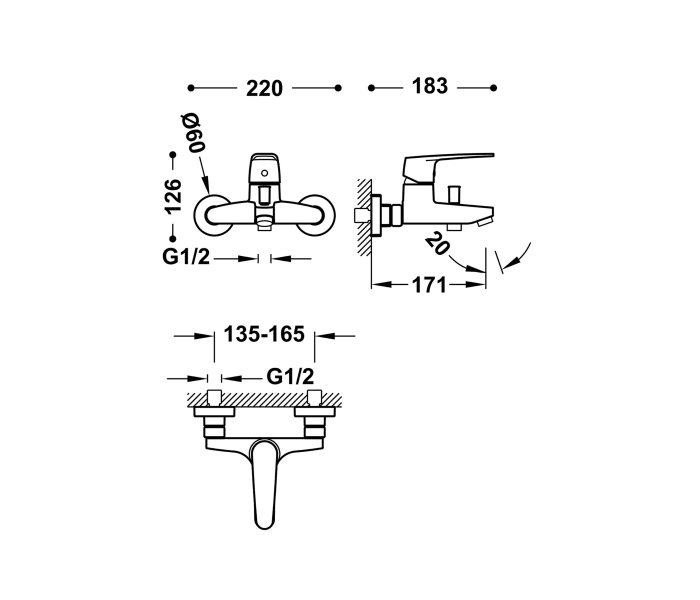Grifo de bañera empotrado de Tres Flat Croquis 1