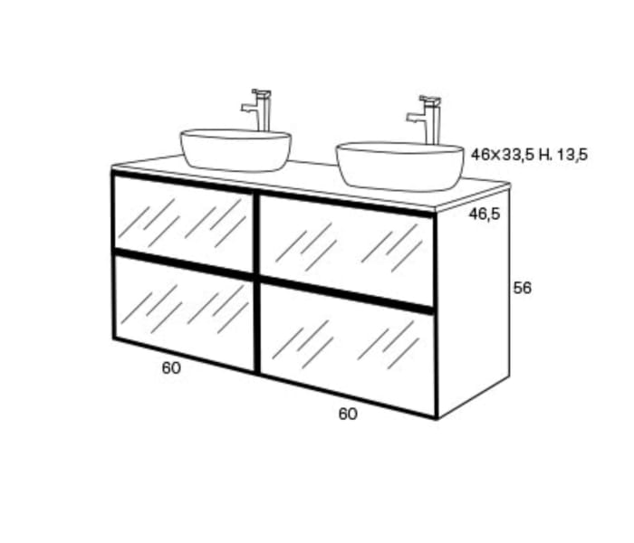 Conjunto mueble de baño frente cristal a rayas Sanchís Koba Croquis 3