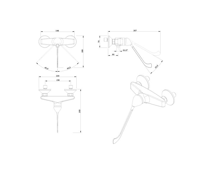 Grifo de ducha PMR Unisan Sanindusa Easy Croquis 2