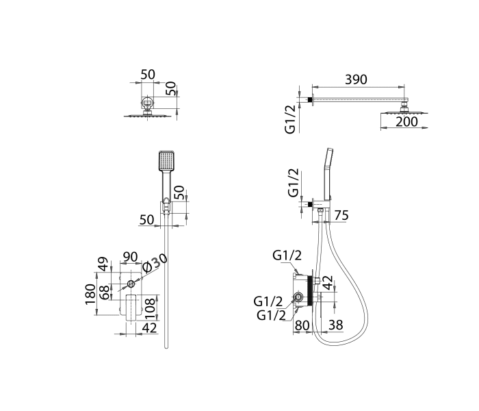 Conjunto de ducha empotrado de Imex Pisa Croquis 13