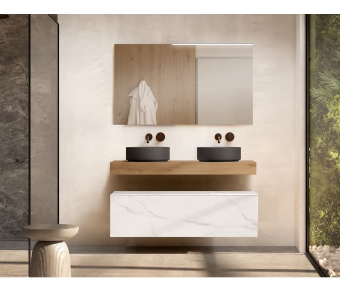 Conjunto mueble de baño con encimera de madera 10 cm de altura en color Roble Costa con cajonera Visobath Nomad Principal 3