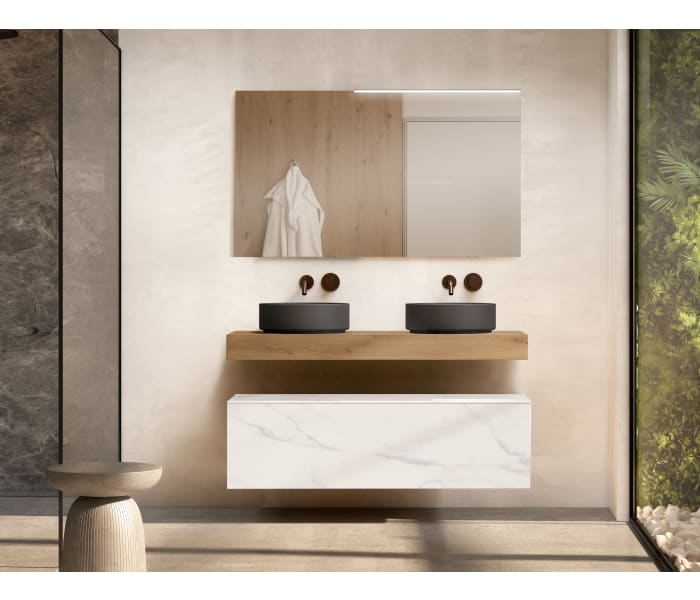 Mueble de baño con encimera de madera 10 cm de altura en color Roble Costa con cajonera Visobath Nomad Principal 3