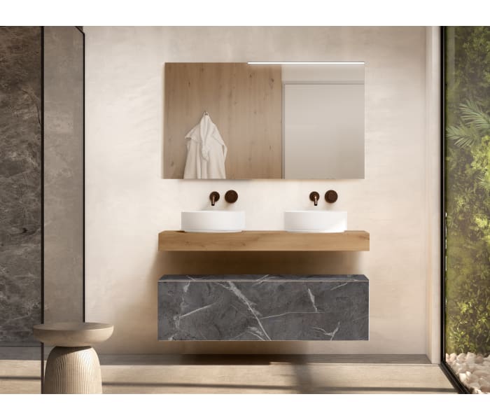 Conjunto mueble de baño con encimera de madera 10 cm de altura en color Roble Costa con cajonera Visobath Nomad Principal 4