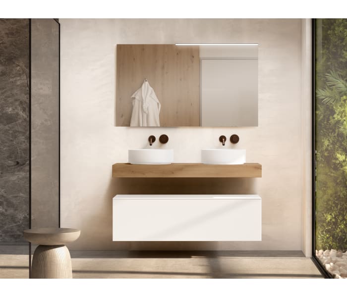 Conjunto mueble de baño con encimera de madera 10 cm de altura en color Roble Costa con cajonera Visobath Nomad Principal 0