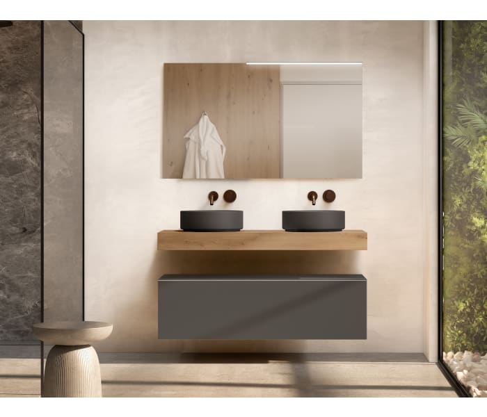 Conjunto mueble de baño con encimera de madera 10 cm de altura en color Roble Costa con cajonera Visobath Nomad Principal 1