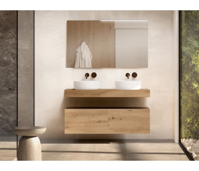 Conjunto mueble de baño con encimera de madera 10 cm de altura en color Roble Costa con cajonera Visobath Nomad Principal 2