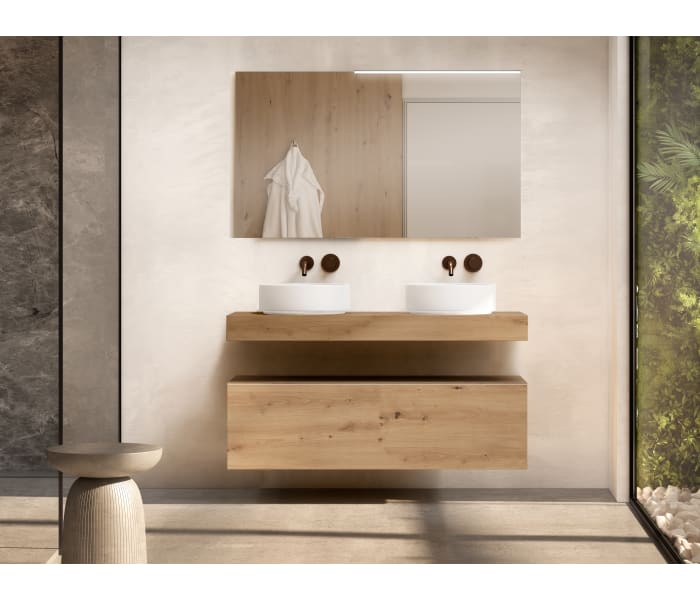 Mueble de baño con encimera de madera 10 cm de altura en color Roble Costa con cajonera Visobath Nomad Principal 2