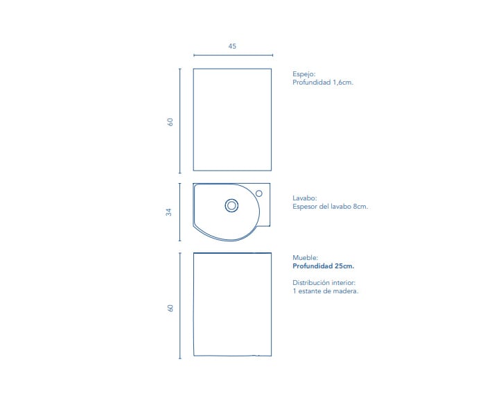 Conjunto completo mueble de baño fondo reducido 34 cm Amizuva Mika Croquis 6