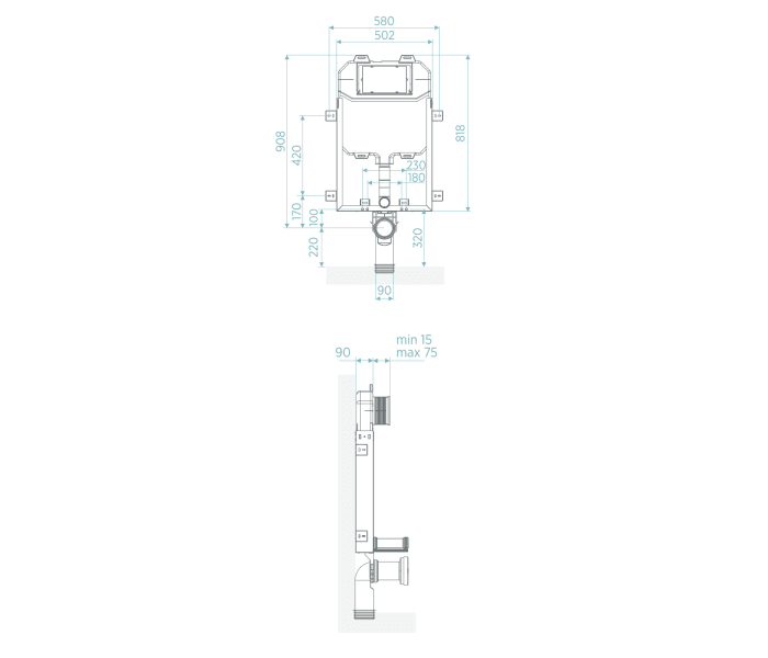 Pack inodoro + cisterna empotrada + pulsador  Bruntec Roundy Croquis 7