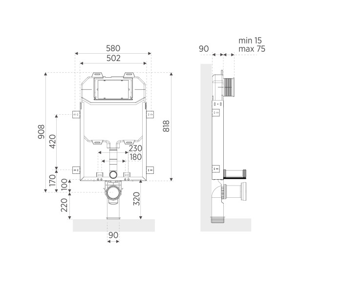 Pack inodoro + cisterna empotrada + pulsador Bruntec Roundy Croquis 7