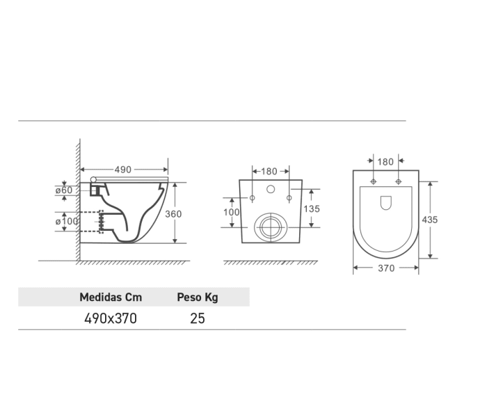 Pack inodoro + cisterna empotrada + pulsador  Bruntec Roundy Croquis 6