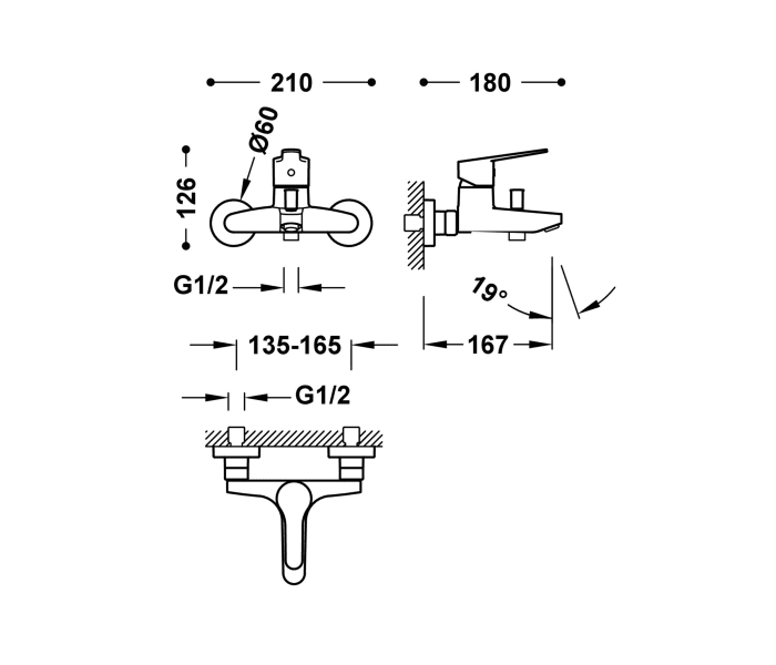 Grifo de ducha y bañera Tres Base Croquis 2