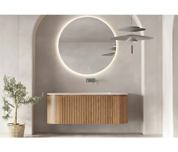 Conjunto de mueble de baño 100 cm de madera maciza de fresno con lavabo Solid Surface Bruntec Evo Curve Principal 0