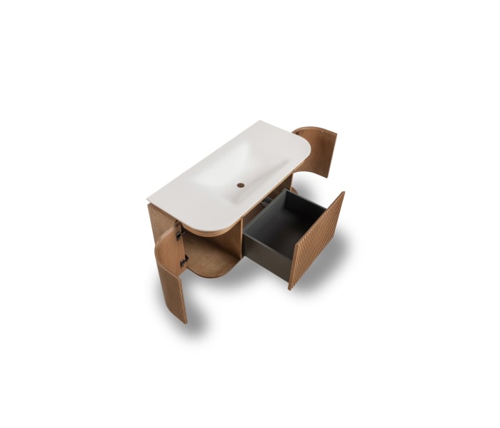 Conjunto de mueble de baño 100 cm de madera maciza de fresno con lavabo Solid Surface Bruntec Evo Curve Detalle 2