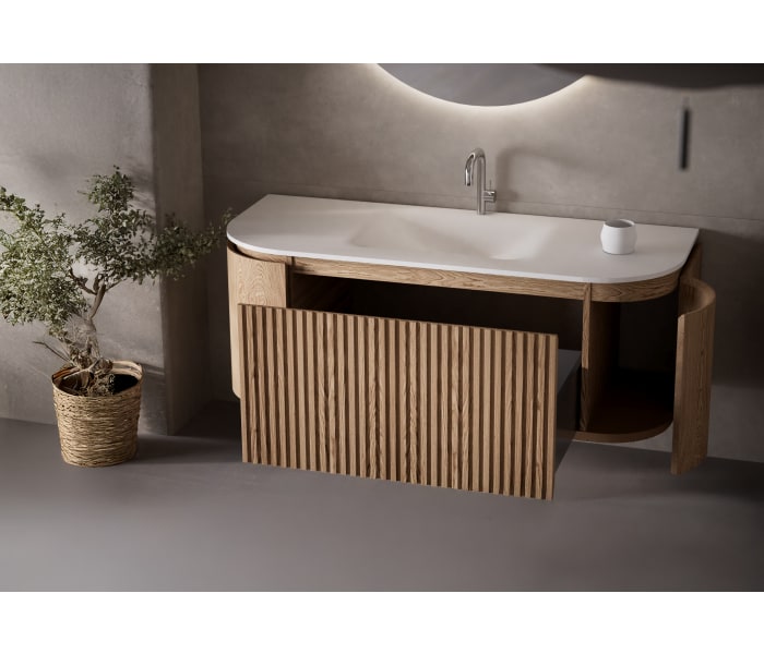 Conjunto de mueble de baño madera maciza de fresno con lavabo Solid Surface Bruntec Evo Curve Detalle 0