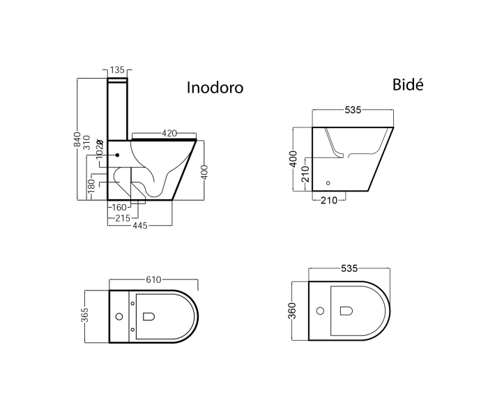 Pack inodoro mate + cisterna + bidé Bruntec Lisboa Croquis 4