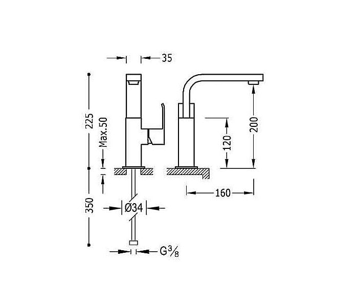 Grifo de lavabo Tres Cuadro Croquis 2