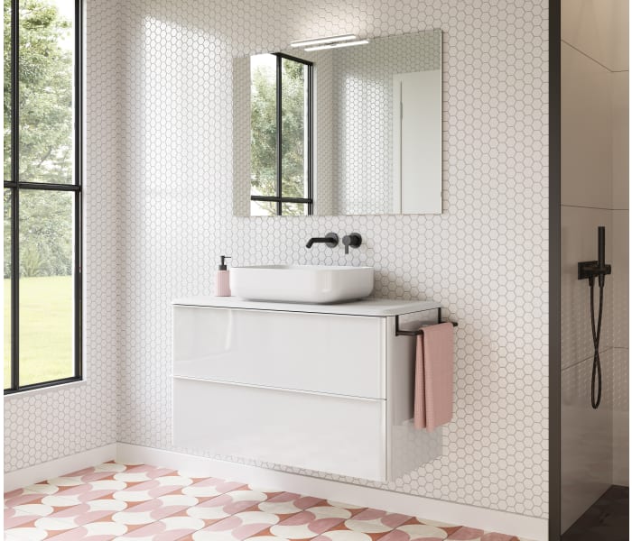 Mueble de Baño, Lavabo y Espejo 2 Puertas y 2 Cajones. Blanco Brillo