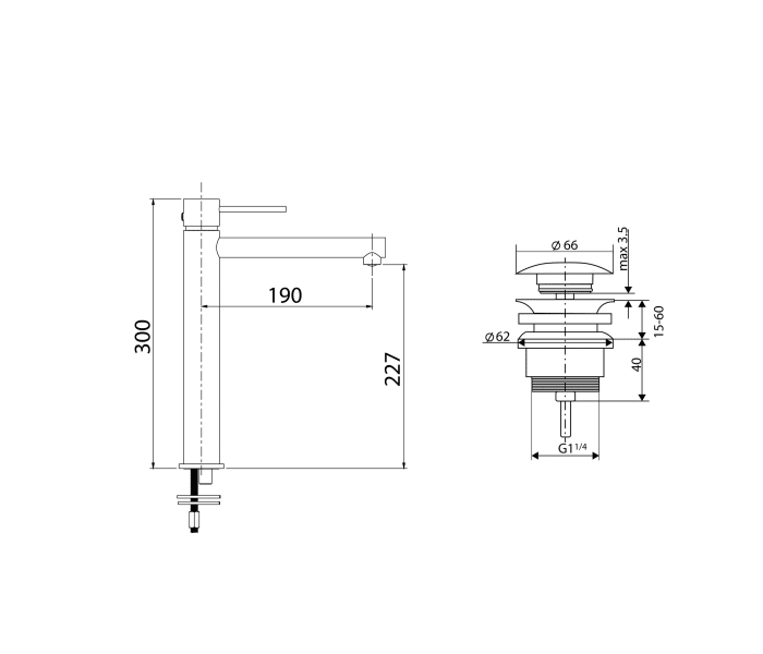 Pack Grifo de lavabo caño alto Imex Milos + Válvula click-clack Croquis 8