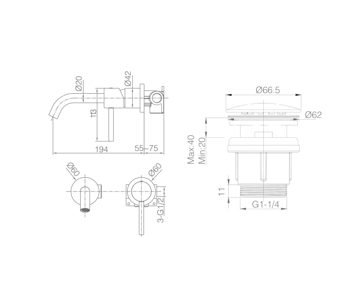 Grifo de lavabo empotrado Imex Monza + Válvula click-clack de Imex Croquis 5